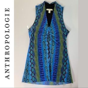 Anthropologie Blue Snake Print Nylon Rouched Tank